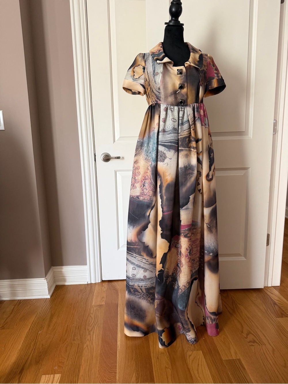 Abstract Collage Maxi Dress in Beige and Multi